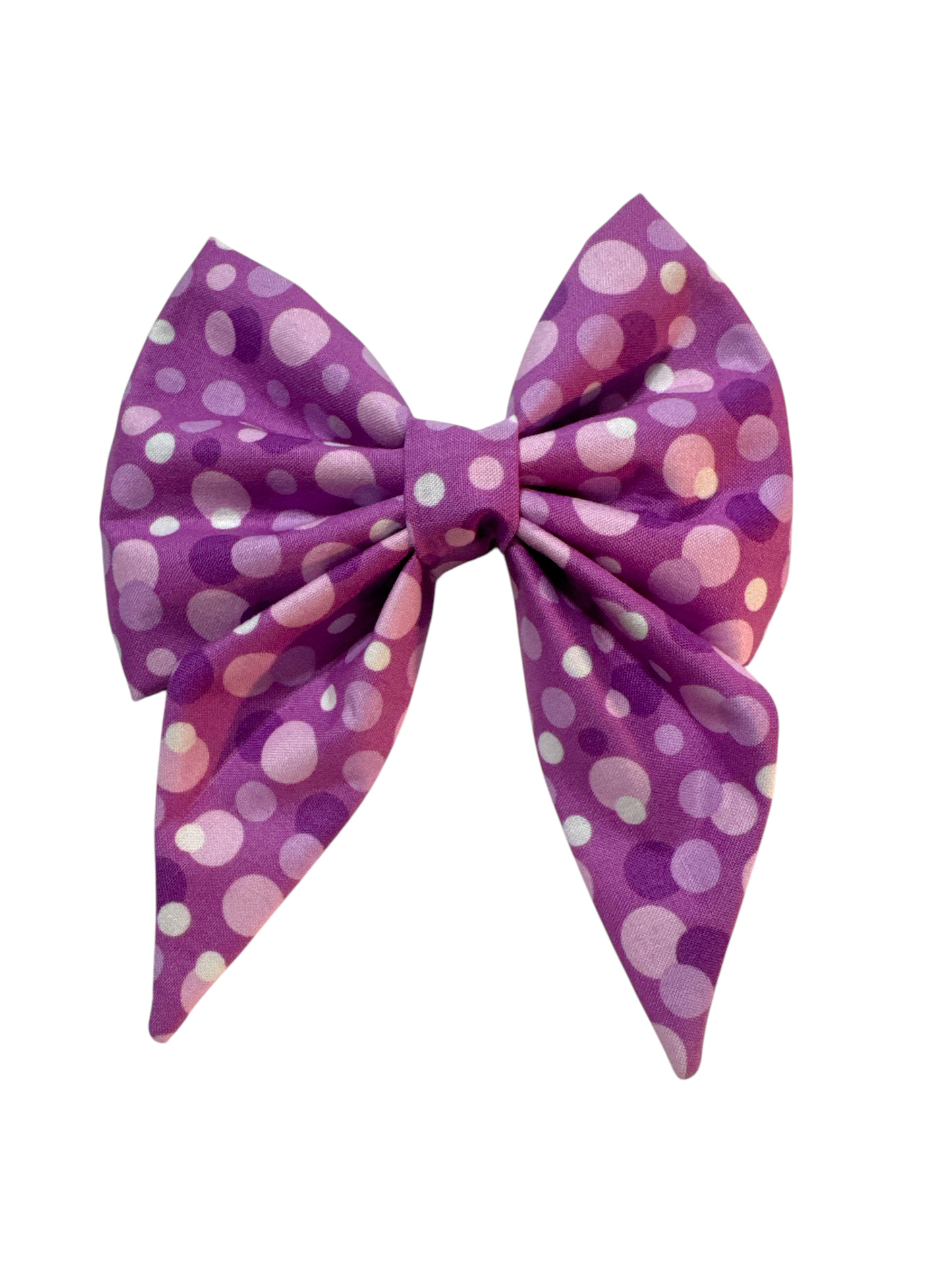 African violet dog bow &nbsp;features large, vibrant polka dots in a delightful mix of purple and lavender shades