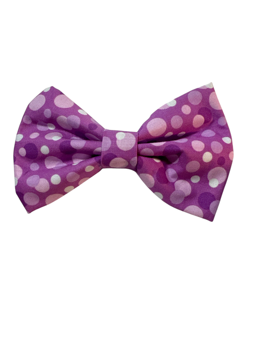 African violet dog bow &nbsp;features large, vibrant polka dots in a delightful mix of purple and lavender shades