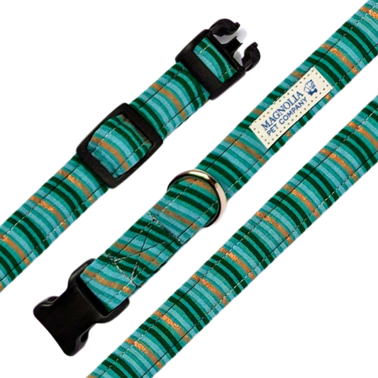 This vibrant and eye-catching collar features a unique design with alternating stripes of aqua, green, and gold, creating a chic and modern look