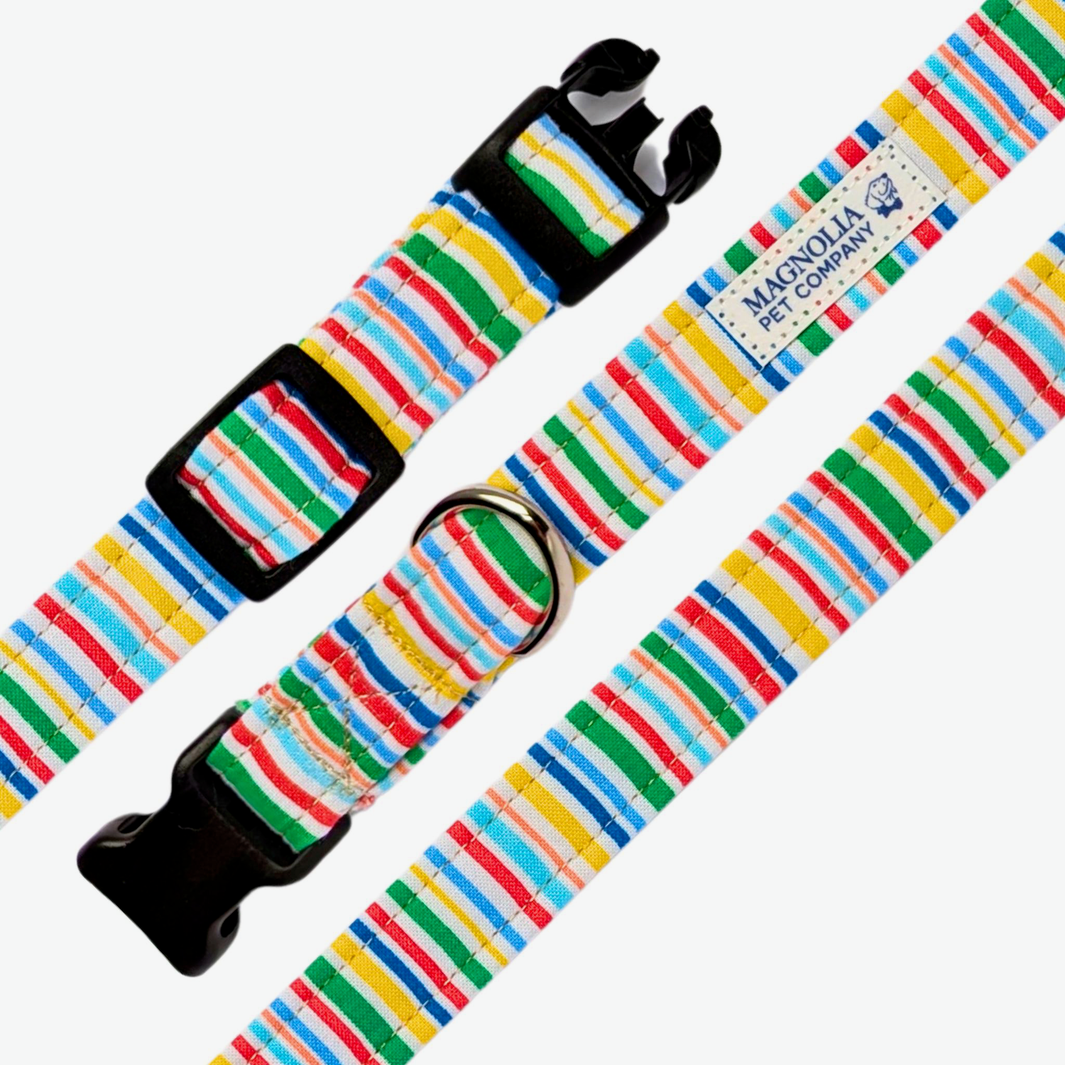 features a dazzling array of all the colors of the rainbow in stripes