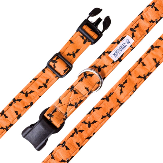 festive orange dog collar, adorned with small black bats