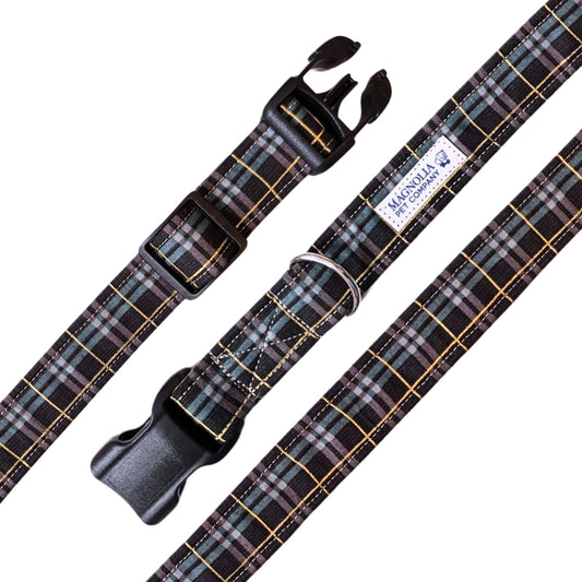 classic black, navy, and green plaid pattern, accented by a delicate gold stripe