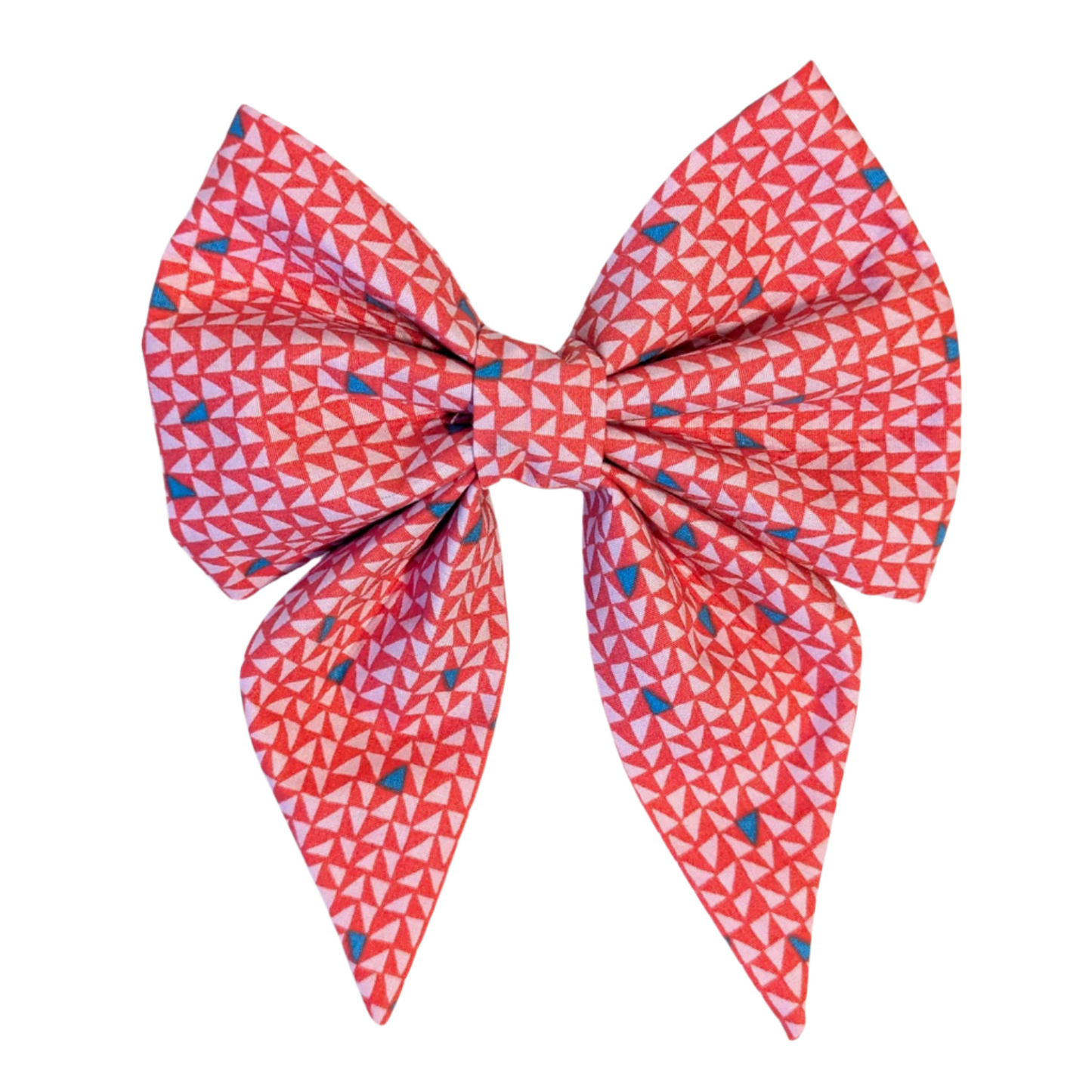 featuring a pink geometric pattern with small blue triangles