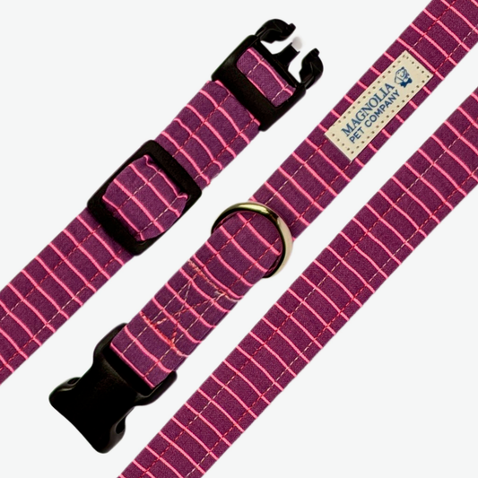 This collar features rich purple fabric with eye-catching hot pink stripes, creating a vibrant and playful look