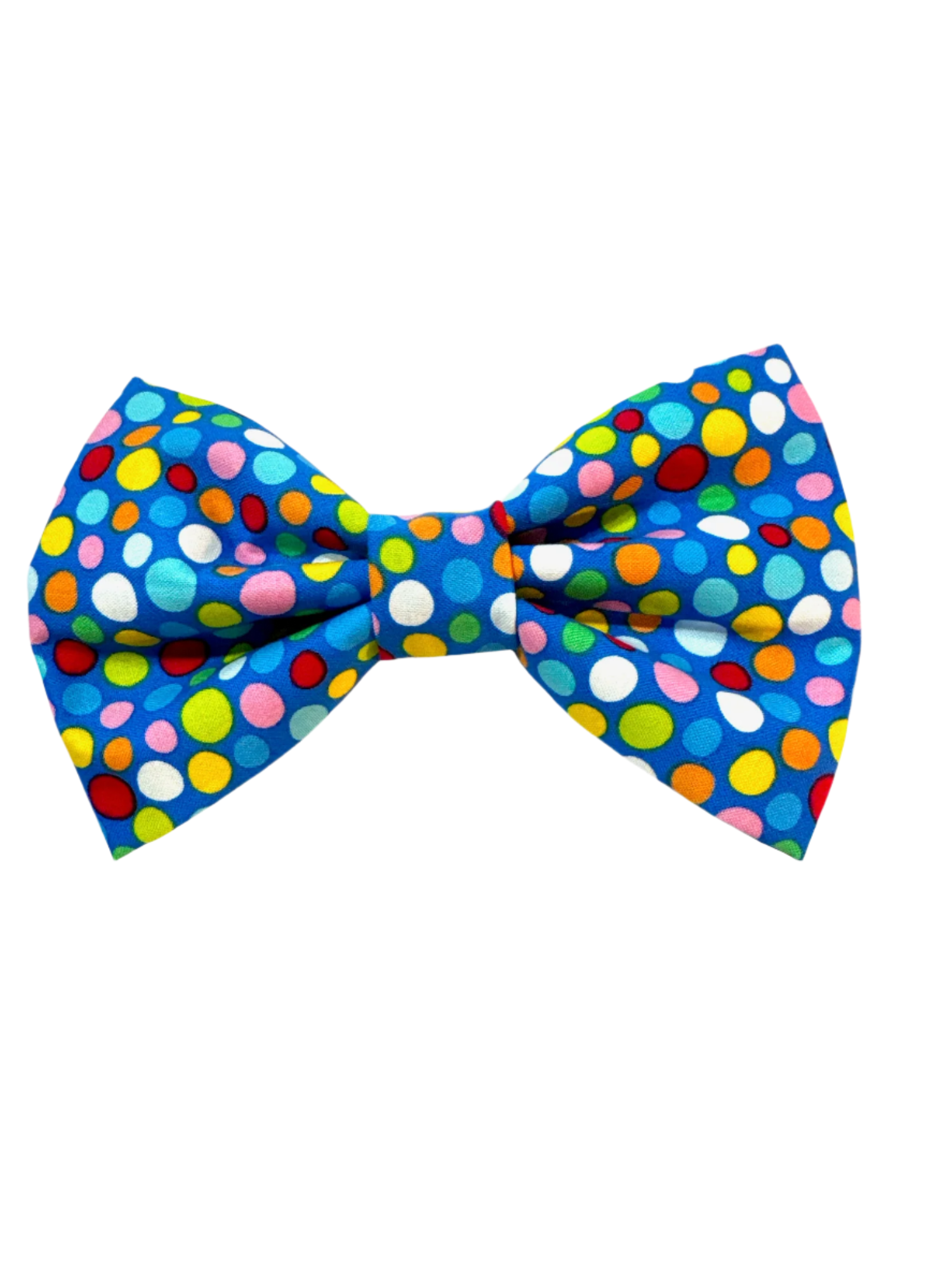 Featuring large polka dots in lime green, white, pink, orange, and blue, this playful bow is set against a bright blue fabric