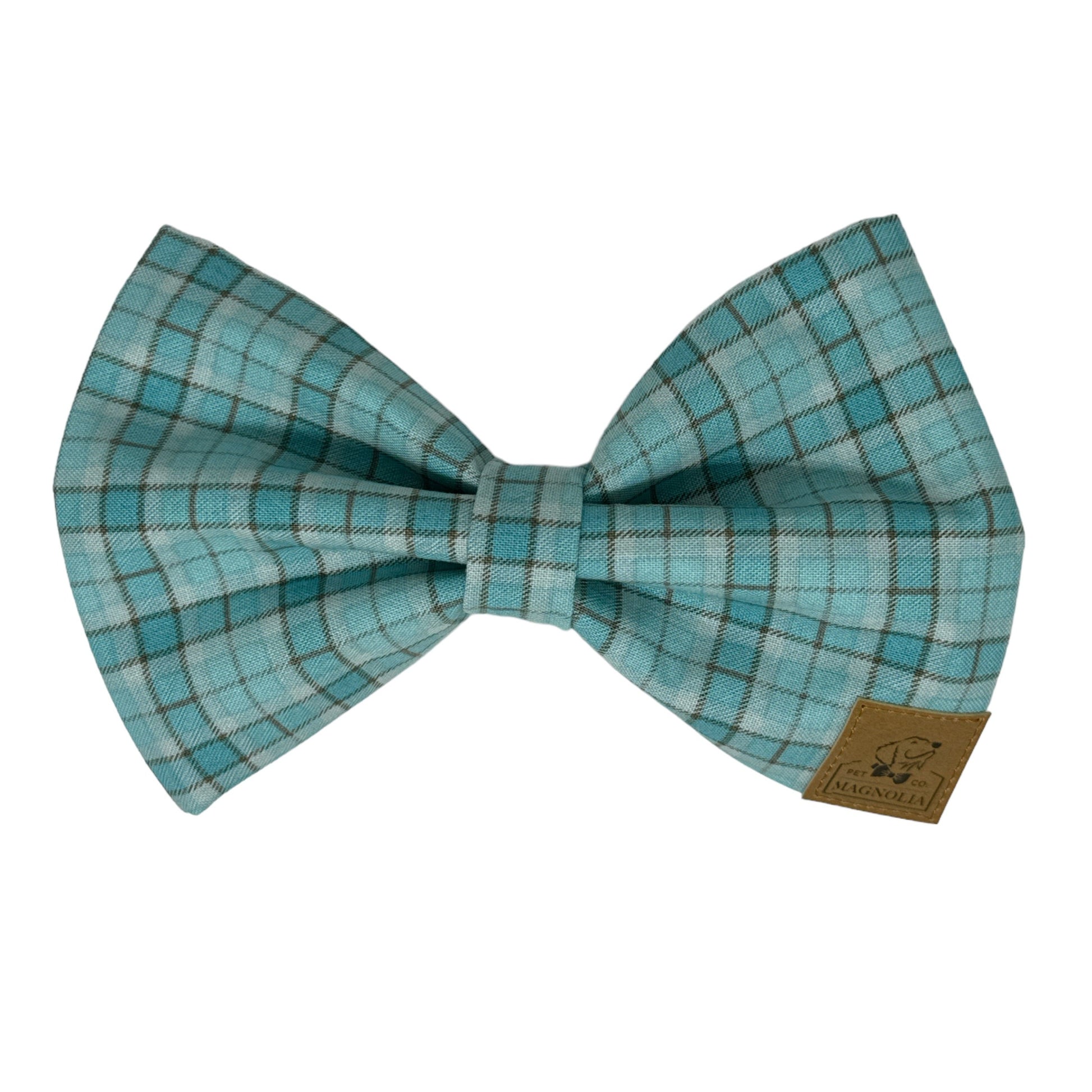 Cadet Blue Plaid Dog Bow Tie, featuring sophisticated grey and light bluish green accents.