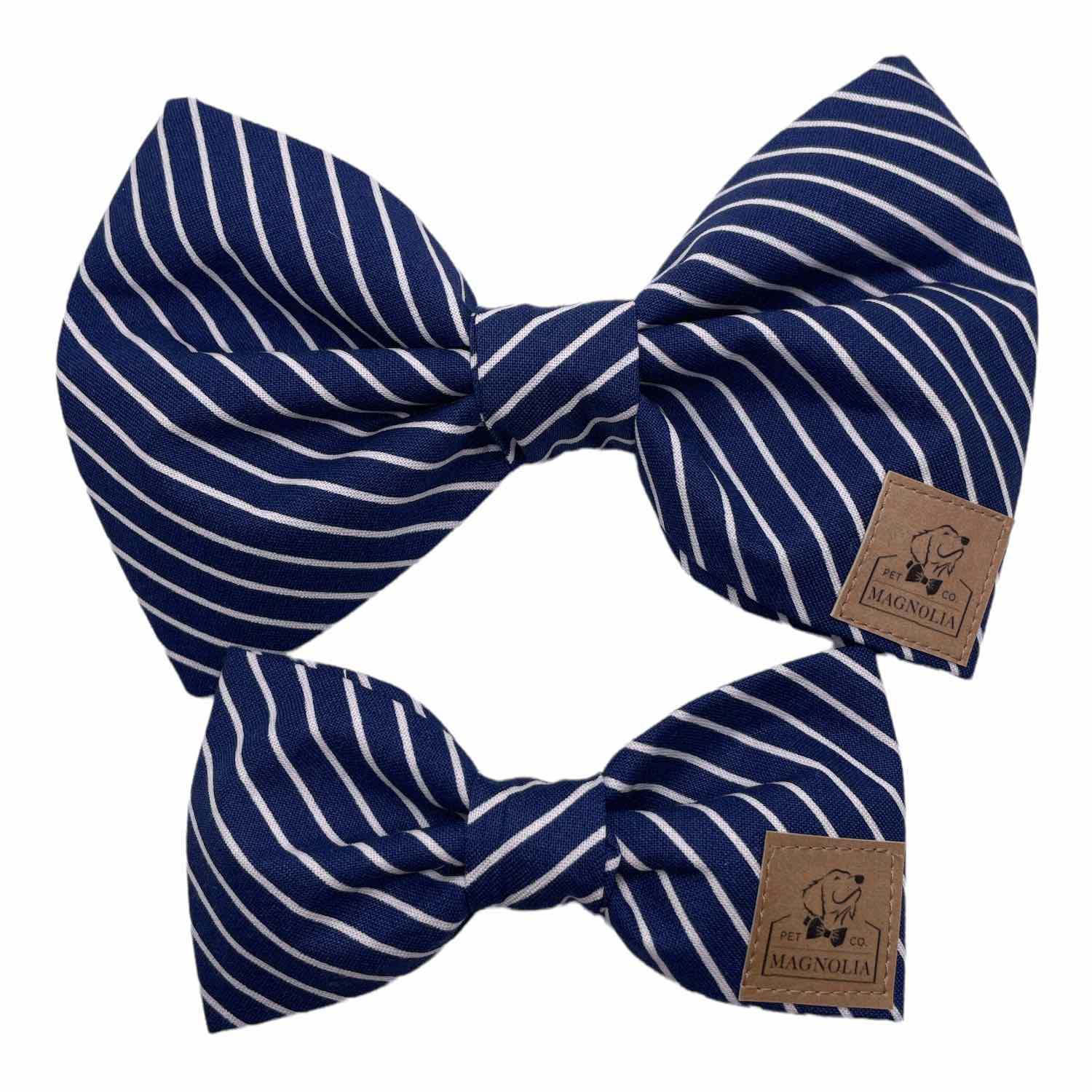 Give your dog a touch of timeless sophistication with our Classic Navy Stripe Dog Bow Tie, featuring crisp diagonal white lines. Handmade in the USA.